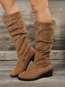2023 Autumn & Winter Vintage Suede Over Knee Riding Boots For Women With Thick High Heel, Pointed Toe, And Ruffle Design - Brown - View 1