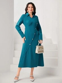 Modelyn Solid Button Detail Wrap Hem Dress - Teal Blue - View 1