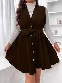 SHEIN Franclia Plus Button Front Sleeveless Belted Dress Without Sweater - Brown - View 3