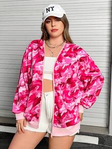 Flirla 加大码迷彩印花拉链卫衣 - 粉色 - 查看 4