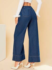 SHEIN Privé 腰部抽繩闊腿牛仔褲 - 深色水洗藍 - 查看 2