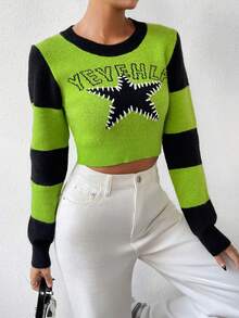 SHEIN Unity Star & Letter Pattern Colorblock Crop Sweater - Green - View 6