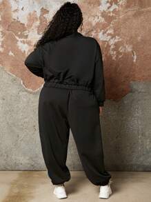 SHEIN CURVE+ 大碼彩虹刺繡拼接側邊接縫半拉鏈落肩袖連帽衫和運動褲 - 黑色 - 查看 2