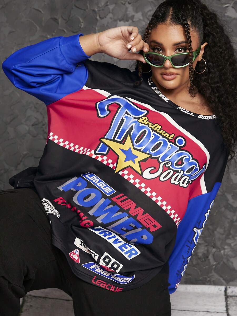 SHEIN CURVE+ 大碼字母圖案撞色落肩袖運動衫 - 彩色 - 查看 1