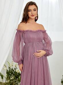 Maternity Off Shoulder Lantern Sleeve Ruffle Hem Mesh Elegant Dress, For Party - Dusty Pink - View 4