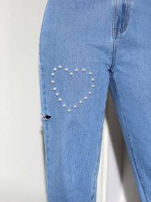 1pc High Waist Pearls Beaded Jeans