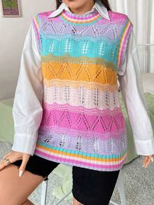 SHEIN Qutie 大碼1入組撞色網眼針織毛衣背心 - 彩色 - 查看 4