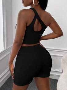 Slaydiva One Shoulder Crop Top & Biker Shorts - Black - View 2