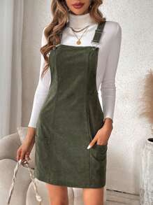 Chiquease Solid Pocket Patched Overall Dress Without Tee - Green - View 4