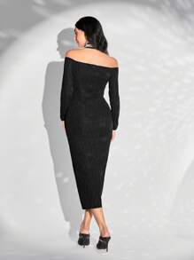 Modelyn Off Shoulder Pearls Detail Bodycon Dress - Black - View 2