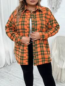 SHEIN CURVE+ 大碼格紋印花落肩袖襯衫 - 橘色 - 查看 3