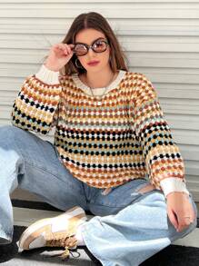 Flirla 加码菱格纹落肩毛衣，适合冬季针织套头衫和秋季毛衣 - 彩色 - 查看 1
