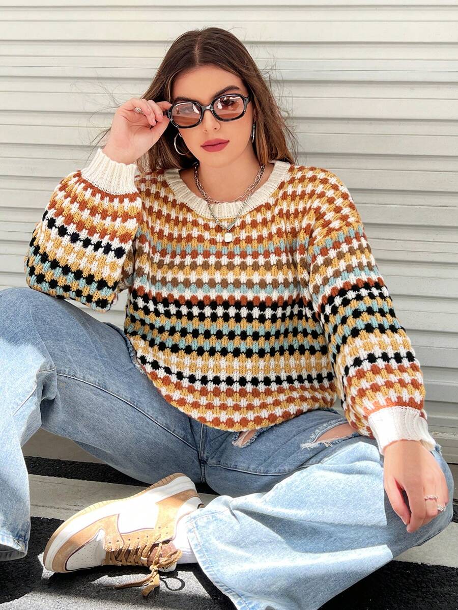 Flirla 加码菱格纹落肩毛衣，适合冬季针织套头衫和秋季毛衣 - 彩色 - 查看 1