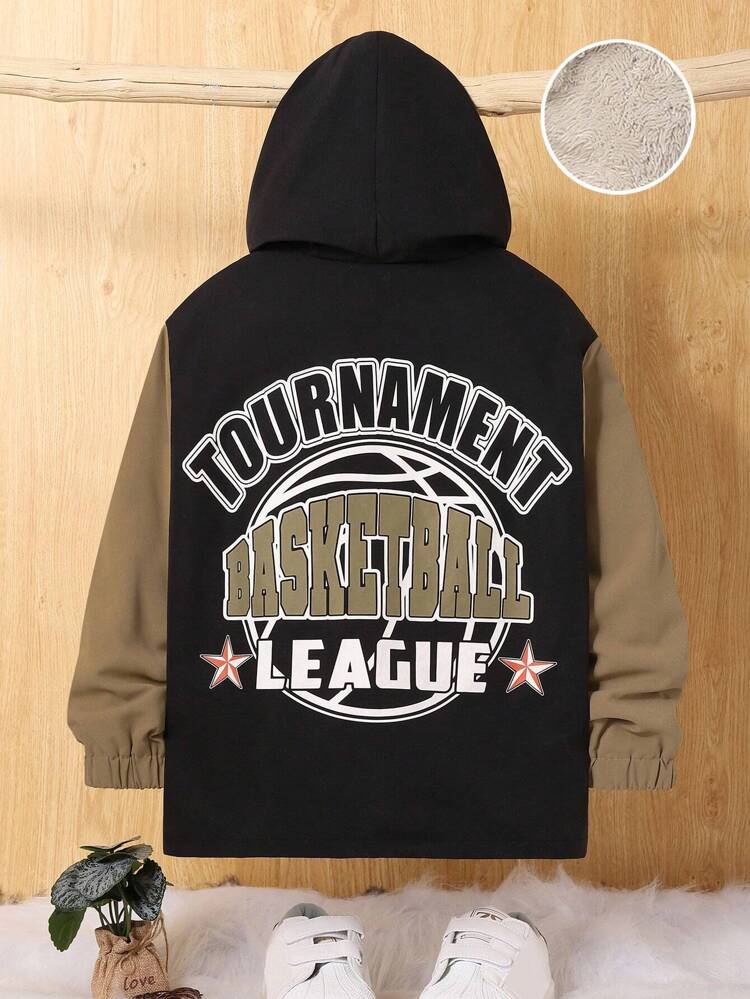 Tween Boy Loose Fit Plush Hooded Color-Blocked Outerwear For School Style