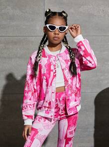 SHEIN Tween Girl Cartoon Figure Graphic Bomber Jacket - Hot Pink - View 1