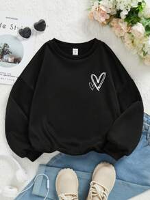 SHEIN Tween Girl Heart Print Drop Shoulder Sweatshirt