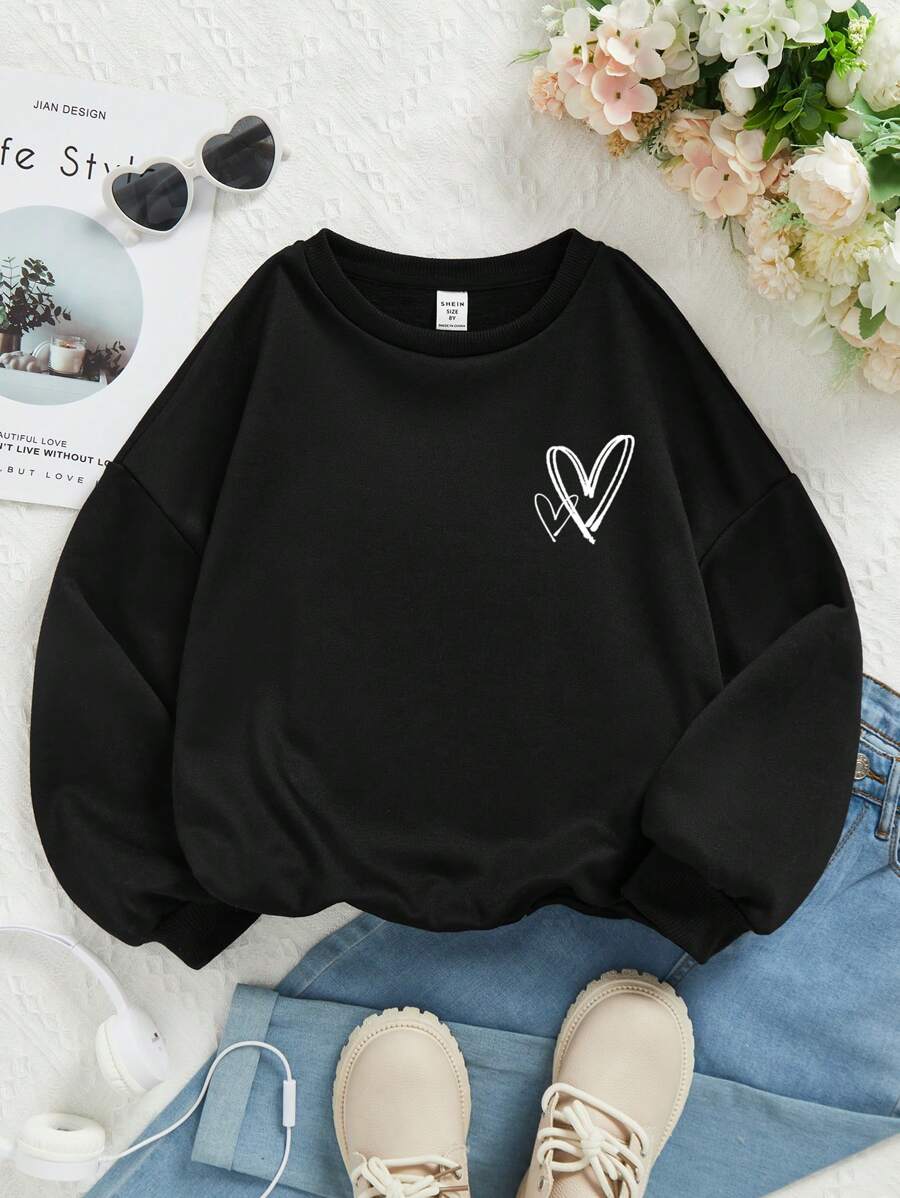 SHEIN Tween Girl Heart Print Drop Shoulder Sweatshirt