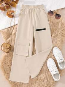 SHEIN Tween Girl Flap Pocket Side Pants - Apricot - View 1