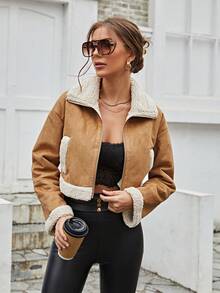 RELISH NOLESS Teddy Lined Zip Up Crop Jacket - Camel - View 3