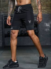 Manfinity Running Boyfriend Style Men Letter Graphic Drawstring Waist Slant Pocket Sports Shorts Gym Shorts Jogger Shorts Sweat Pants Black Shorts - Black - View 6