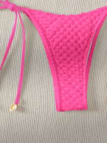 SHEIN Swim Summer Beach Faux Pearl Decor Halter Triangle Bikini Set - Hot Pink - View 4