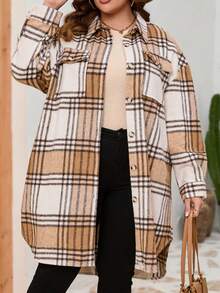Plus Plaid Print Drop Shoulder Flap Pocket Coat - Khaki - View 5