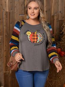 EMERY ROSE Talla grande Camiseta calabaza & con estampado de slogan de manga raglán - Multicolor - Ver 1