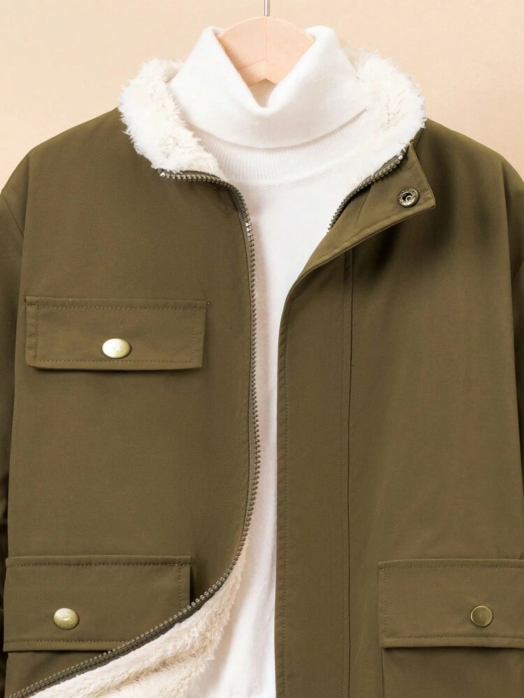 Tween Boy Flap Pocket Teddy Lined Hooded Coat