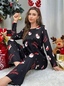 Christmas Print Tee & Pants PJ Set, Fall Winter Clothes - Black - View 1