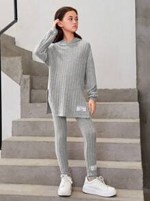 SHEIN Tween 女孩字母貼片落肩連帽運動衫和緊身褲 - 灰色 - 查看 7