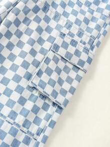 Tween Girl Checker Print Flap Pocket Side Jeans - Rửa nhẹ - Xem 5