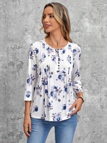 EMERY ROSE Floral Print Button Front Plicated Tee - Blue and White - View 1