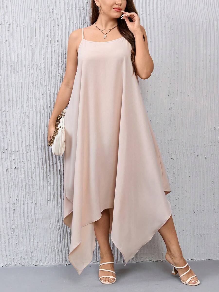 SHEIN Privé Plus Solid Hanky Hem Cami Dress - Apricot - View 1