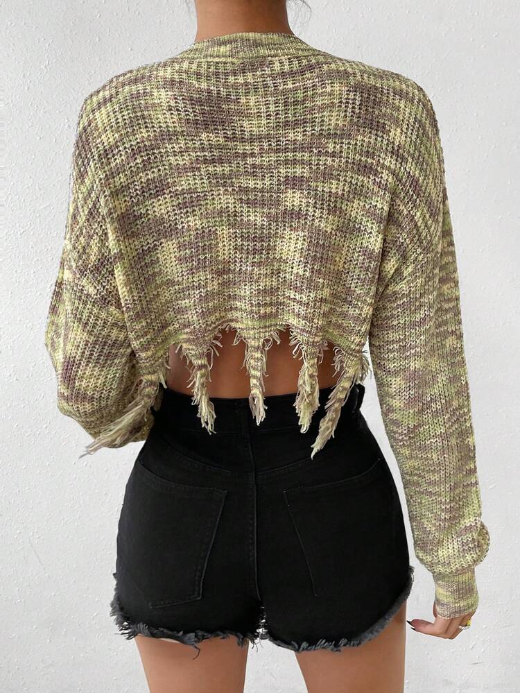 Space Dye Drop Shoulder Distressed Crop Knit Pullover Fall Winter Sweater