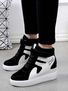 Fall/Winter Women's Wedge Heel Thick Sole Sneakers, New Korean Fashion High Top Patchwork Casual Shoes With Hook And Loop And Increased Massage Bottom - Black and White - View 2