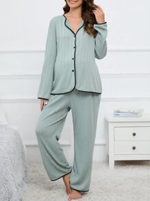 SHEIN Maternity Contrast Binding Button Front Lounge Set - Green - View 4