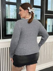 Flirla Plus Square Neck Ribbed Knit Sweater - Grey - View 3