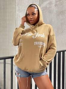 SHEIN SXY Letter Graphic Kangaroo Pocket Drop Shoulder Drawstring Hoodie - Khaki - View 5