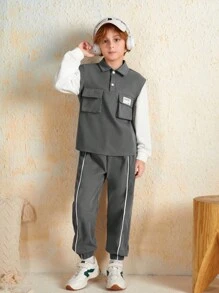 SHEIN 男大童字母貼布翻蓋口袋假兩件上衣&拼接滾邊長褲