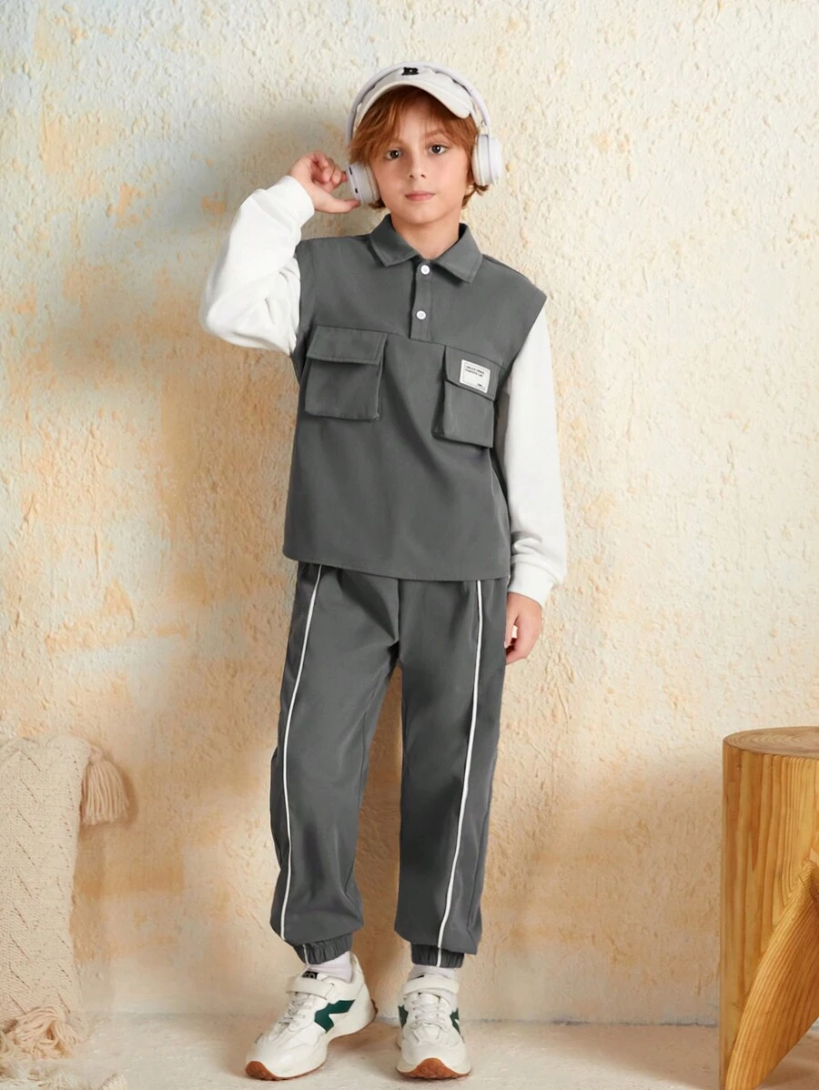 SHEIN 男大童字母貼布翻蓋口袋假兩件上衣&拼接滾邊長褲