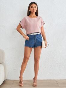 SHEIN LUNE Solid Roll Up Sleeve Blouse - Pink - View 5