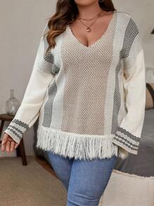 SHEIN LUNE Plus Striped Pattern Fringe Hem Drop Shoulder Sweater - Apricot - View 3