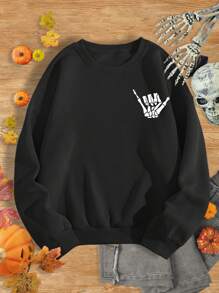 SHEIN LUNE 骷髏手掌圖案加絨內裏運動衫 - 黑色 - 查看 1