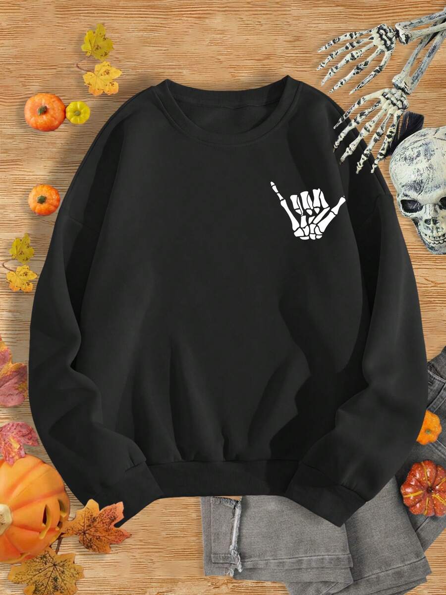 SHEIN LUNE 骷髏手掌圖案加絨內裏運動衫 - 黑色 - 查看 1