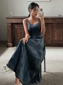 DAZY Women's Waist Cinched Long Casual Suspender Dress, Sexy Denim Dress For Summer Maxi Dress - Dusty Blue - View 6