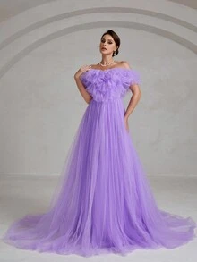 Faeriesty Elegant Solid Off Shoulder Ruffle Trim Mesh Formal Dress - Purple - View 3
