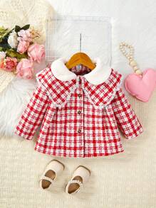 Baby Girl Plaid Print Statement Collar Overcoat - Red - View 1