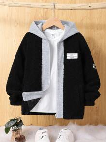 SHEIN Tween Boy Letter Patched Detail Hooded Teddy Coat Without Tee - Black - View 3