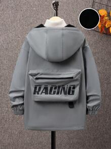 SHEIN Tween Boy 1pc Letter Graphic Flap Pocket Hooded Coat - Grey - View 1