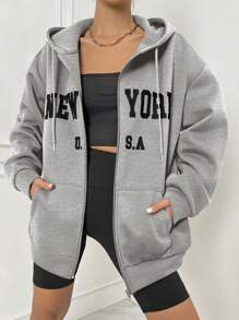 SHEIN Unity Áo nỉ có mũ trùm đầu in chữ kiểu Mỹ, dáng rộng, vai trễ, có khóa kéo, dây rút, thích hợp mặc khi đi làm hàng ngày vào mùa xuân và mùa thu - Màu xám đen - Xem 1